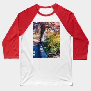 HIDDEN TEMPLE Red Tree Autumn Stone Bridge Leaves orange and green nature pretty delicate foliage Baseball T-Shirt